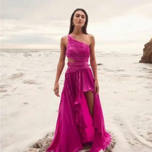 Mac Duggal‎ Pleated One Shoulder Charmeuse Gown NWT 49837 SZ 8 FUSCHIA PINK - Picture 3 of 7